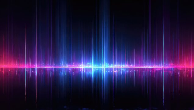 Digital audio waveform visualizes sound. Vertical lines of color, from pink to blue, show the music's energy. A dark backdrop adds contrast