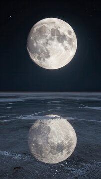 Full moon glowing brightly in the dark night sky over a vast salt flat landscape with a perfect mirror reflection in the shallow water surface under starry celestial background