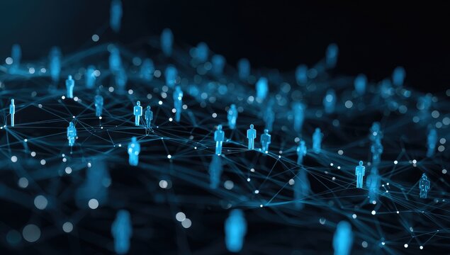 Digitally rendered network of small blue figures connected by lines and dots, suggesting a complex system or social structure