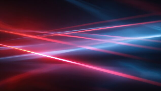 Dynamic, abstract display featuring intersecting light beams in vibrant red and cool blue hues against a dark backdrop