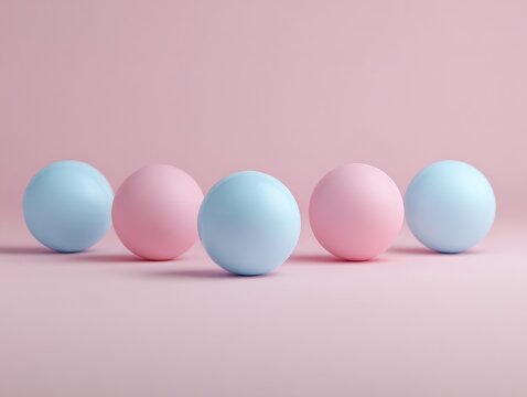 Five pastel-colored spheres, alternating pink and blue, rest on a matching pink plane against a plain pink backdrop. The arrangement is symmetrical