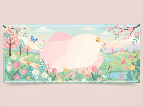 Whimsical spring landscape banner with pastel flowers and butterflies, soft aesthetic garden illustration with copy space for text. Gentle nature background featuring blooming cherry blossoms