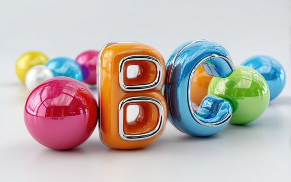 Glossy, reflective 3D letters 'B' and 'C' stand amidst colorful spheres on a white surface, with depth of field