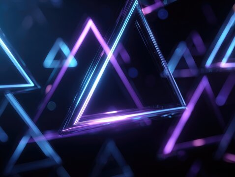 Glowing neon triangles overlaying a dark background, creating a futuristic and dynamic display. The geometry is artistic