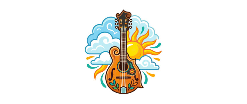 Acoustic mandolin guitar illustration with sun and clouds