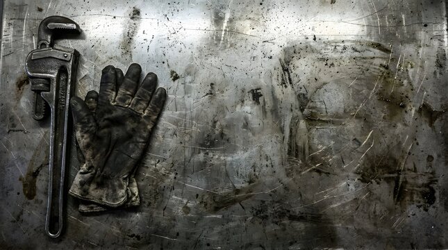 Industrial work background with wrench and protective leather glove on scratched metal surface