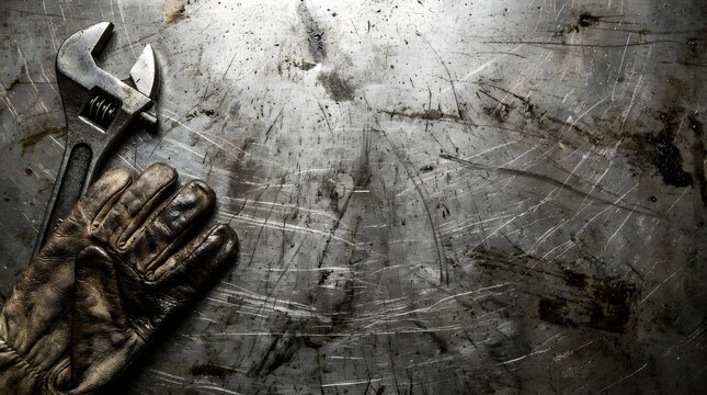 Industrial work background with wrench and protective leather glove on scratched metal surface