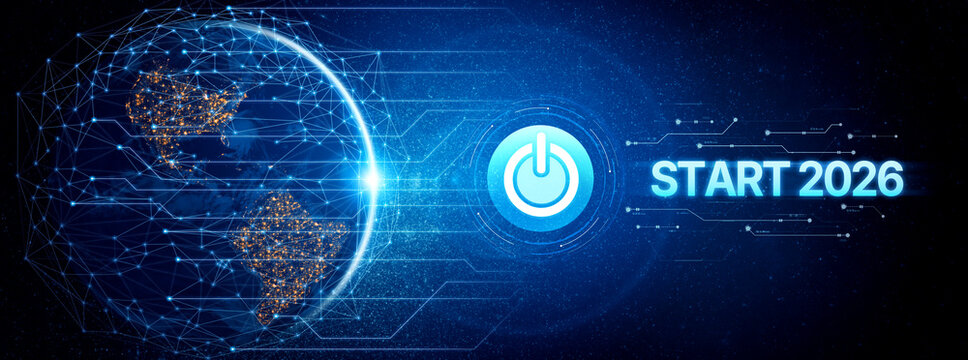 Start 2025 concept with futuristic power button symbolizing fresh beginnings, innovation, and digital transformation. Start 2025, new goals, and start 2025 initiative. Spline