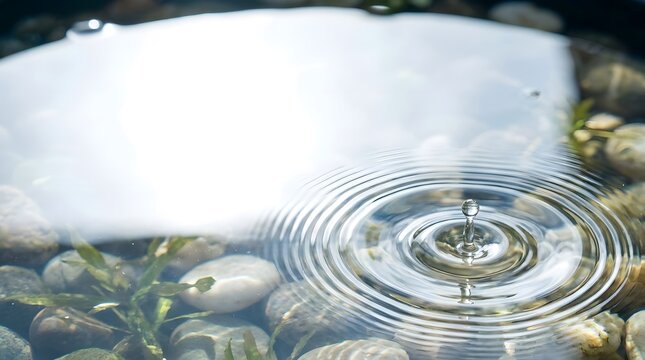 Water droplet falling into calm pond creating ripple effect over pebbles