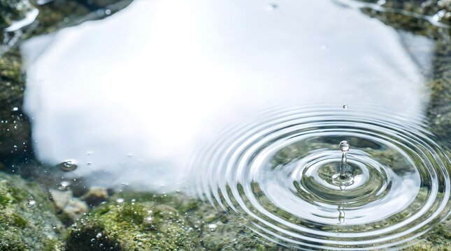 Water droplet falling into calm pond creating ripple effect over pebbles