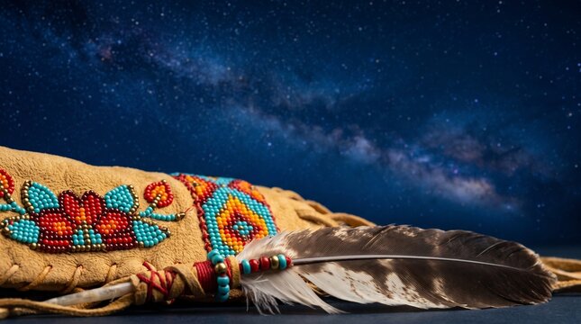 Beaded cultural pouch with feather under a celestial starlit sky