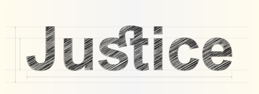 A stylistic word Justice rendered with pencil texture and technical drafting guides for professional graphic design