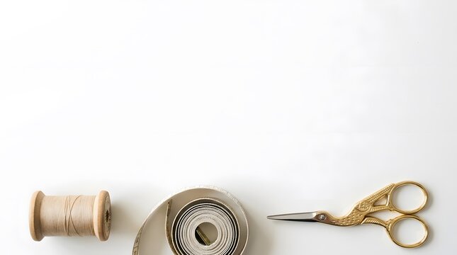Sewing and tailoring tools arrangement with spool of thread, tape measure, and golden scissors