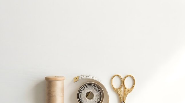 Sewing and tailoring tools arrangement with spool of thread, tape measure, and golden scissors