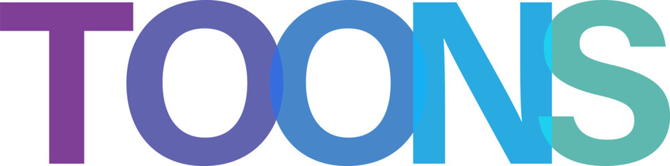 An artistic typographic display of the word toons using bold letters and vibrant overlapping color effects