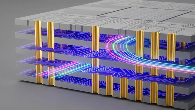 待機状態からUV発光しデータ転送を開始する3D積層AIプロセッサ垂直断面と純金TSVのマクロループ映像