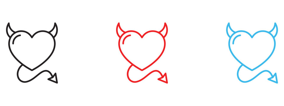 Devil heart shape icon collection in black red and blue with isolated