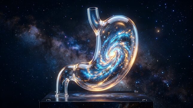 Glass human stomach with galaxy inside. Conceptual anatomy art of digestive system health.