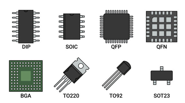 Electronic Components: DIP, SOIC, QFP, QFN, BGA, TO220, TO92, SOT23