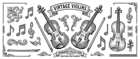 Engraved Vintage Violins and Musical Elements © Apel