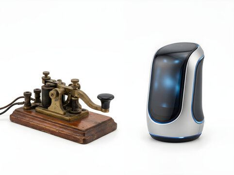 Vintage telegraph key and modern smart home assistant side by side on white background, evolution of communication technology from antique morse code transmitter to futuristic voice controlled