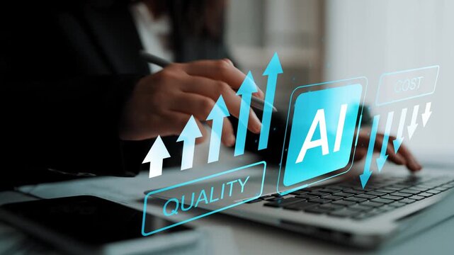Business professional analyzing data metrics with artificial intelligence symbols for quality and cost efficiency in modern corporate environment Gluon.