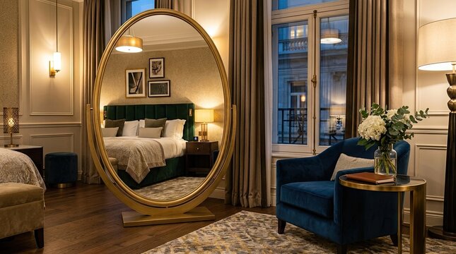 A luxurious bedroom with a large, ornate mirror, a bed with a green headboard, and a blue armchair with a vase of flowers on a wooden table.