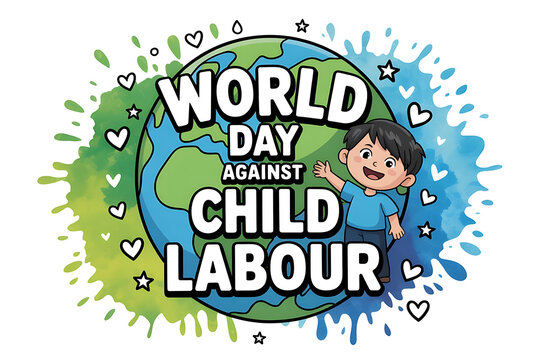 World day against child labour poster with happy boy and planet earth illustration, education