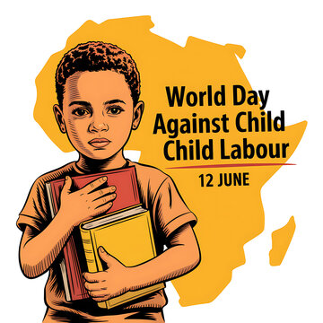World day against child labour education theme with african boy holding books and map, education