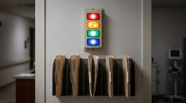 Nurse Station Wall-mounted Priority Light Bank Glowing above a Row of Folded Charts