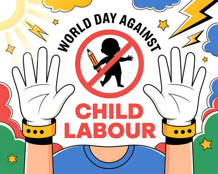 World day against child labour conceptual graphic with silhouette of kid exploitation protection