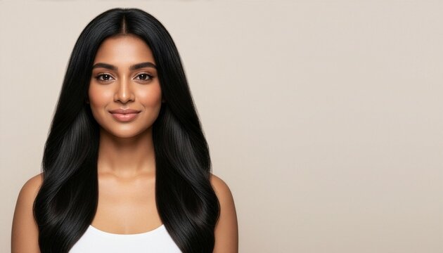 Front view portrait of a gorgeous South Asian woman with thick voluminous black hair framing her face, smiling gently in a white top against a solid neutral beige background with wide copy space.