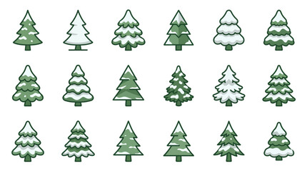 Obraz premium Professional Set of 15 Colorful and Snow Covered Christmas Themed Pine Trees Illustrations with high quality professional line art symbols for modern creative design and digital branding projects