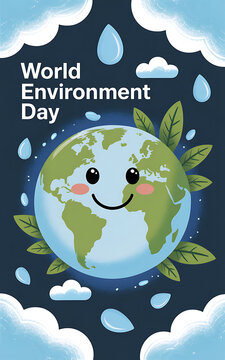 Cute happy earth character cartoon illustration for world environment day with environment, friendly