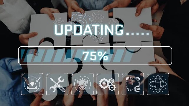 Team Collaborating on Puzzle Pieces with Overlay of Updating Progress Bar Indicating 86 Percent Completion in a Modern Workplace Setting Sigmoid