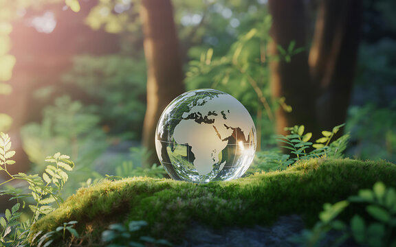 Glass earth globe glowing on mossy forest floor in soft woodland sunlight with environment, sunlight
