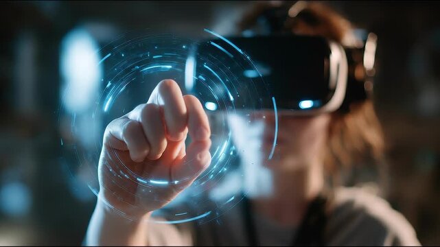 Woman Using Virtual Reality Holographic Interface