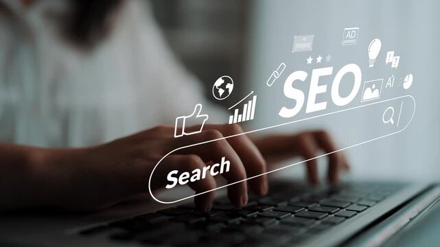 Person using laptop keyboard with search bar graphic, SEO symbols, and metrics icons, showcasing digital marketing and online research concepts Gluon.