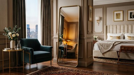 Fototapeta premium A luxurious bedroom with a large mirror, a bed, and a green armchair, set against a neutral-colored wall with a window overlooking a cityscape.