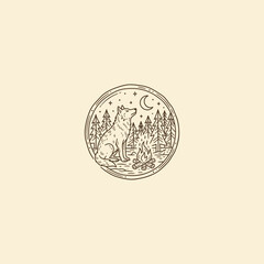 Obraz premium Minimalist line art illustration of a wild wolf sitting by a campfire in the pine forest at night under the crescent moon.