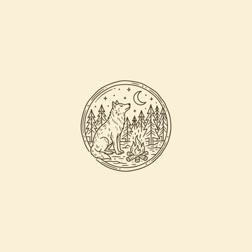 Minimalist line art illustration of a wild wolf sitting by a campfire in the pine forest at night under the crescent moon.