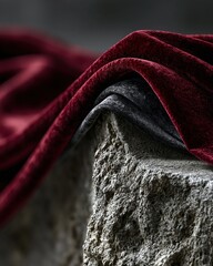Fototapeta premium Red and gray velvet draped over rough stone surface