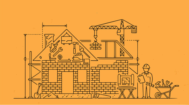 Construction worker building brick wall at urban site. Male laborer laying masonry blocks during house renovation with tools and scaffolding.