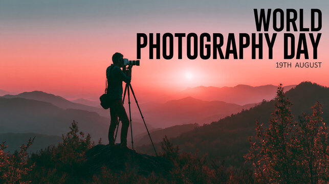 World Photography Day August 19 template with photographer, tripod, and pink mountain sunrise.
