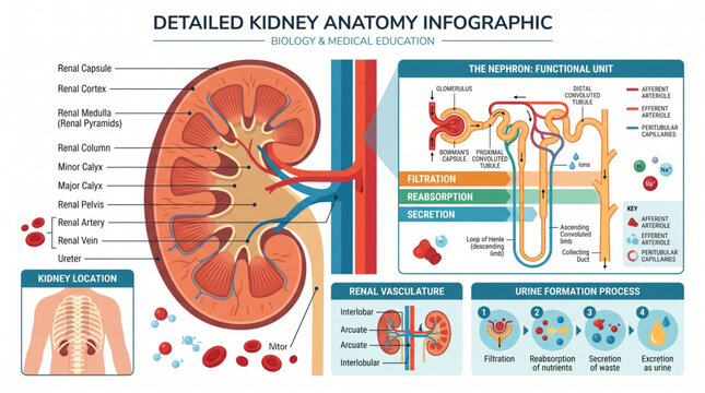 Human Kidney Anatomy Cross Section Diagram with Renal Cortex, Medulla, Renal Pelvis and Nephron Structure
