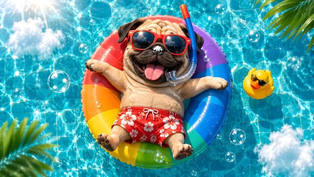 French bulldog enjoying summer pool float. Playful pet relaxing on inflatable donut in tropical water.