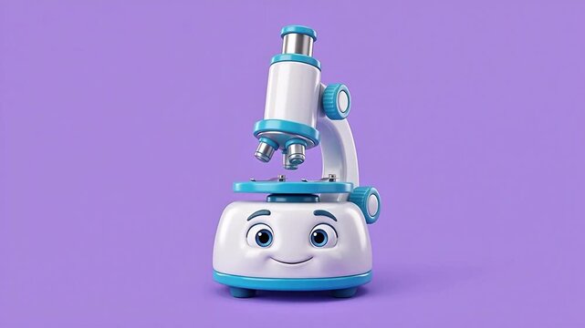 3D Cute Microscope Mascot Character on Pastel Purple Background
