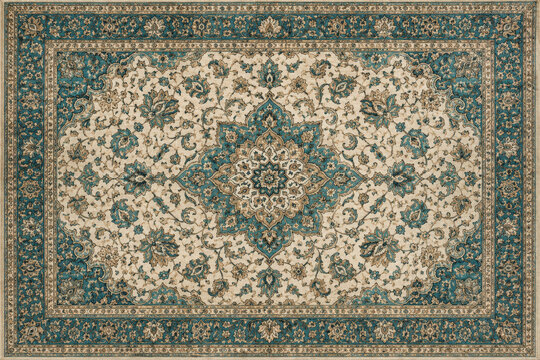 Persian carpet in beige and green traditional ornamental pattern