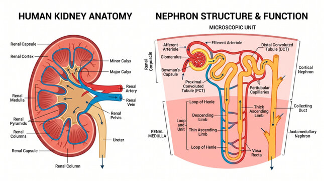 Human Kidney Anatomy Cross Section Diagram with Renal Cortex, Medulla, Renal Pelvis and Nephron Structure