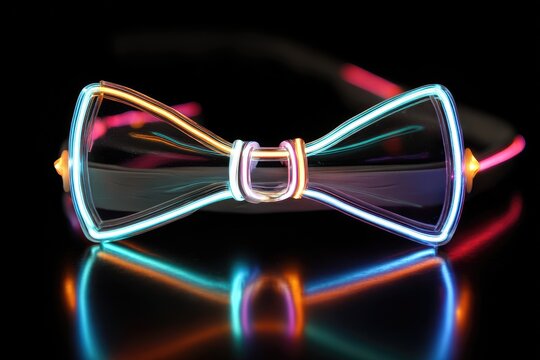Illuminated bow tie glows with vibrant neon colors, casting reflections against a glossy black background. The neck strap is visible